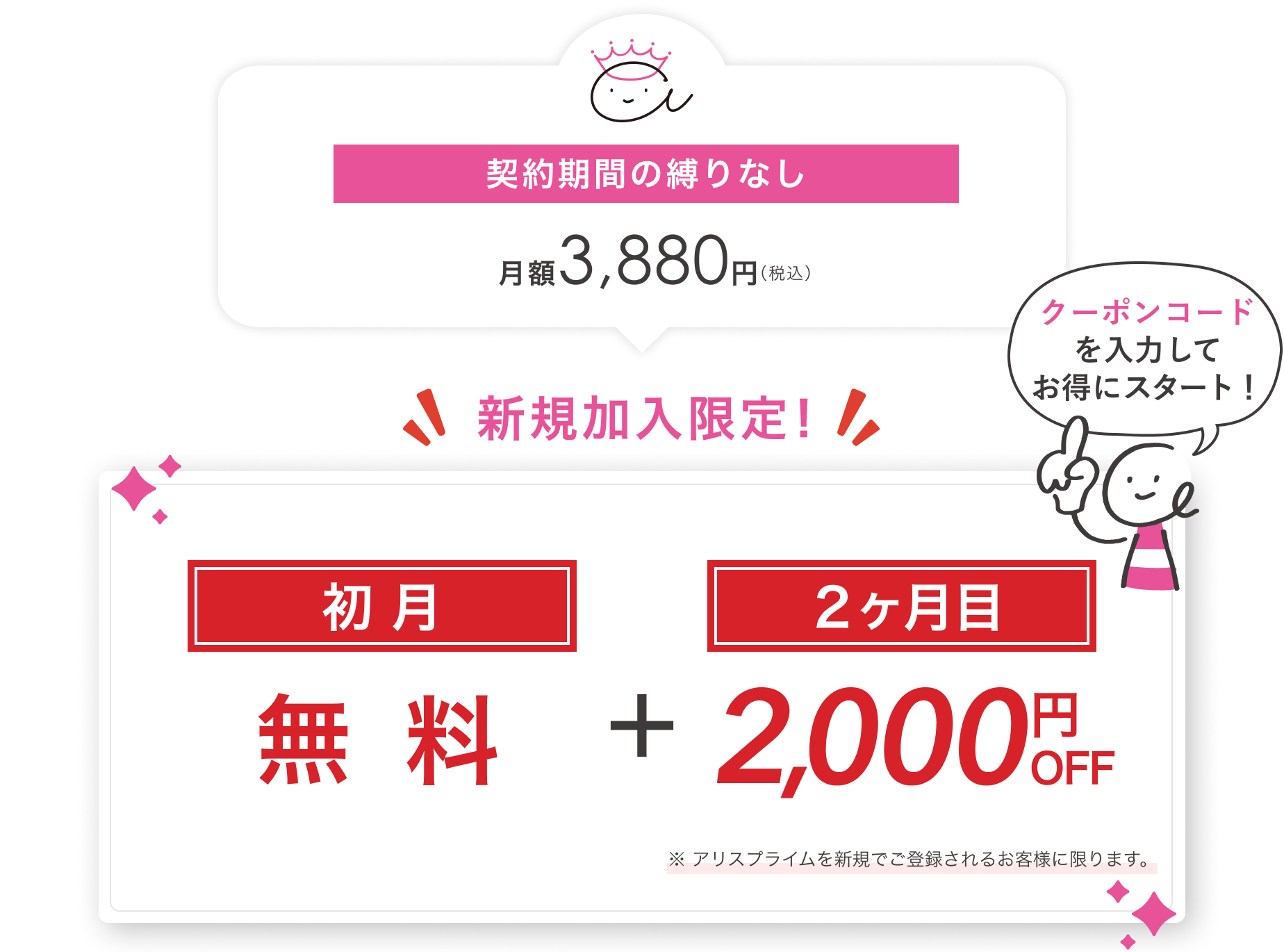 契約期間の縛りなし　月額3,880円(税込)　新規加入限定！　新規加入者限定！　初月無料＋２ヶ月目2,000円OFF　※ アリスプライムを新規でご登録されるお客様に限ります。